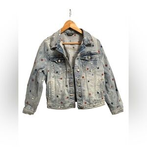Free People Driftwood Starry Eyed Denim Jacket Size S Embroidered Oversized $195